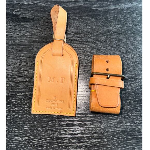Authentic Louis Vuitton Vachetta Leather Name Luggage Tag Poignet Set SN915 - Picture 1 of 5